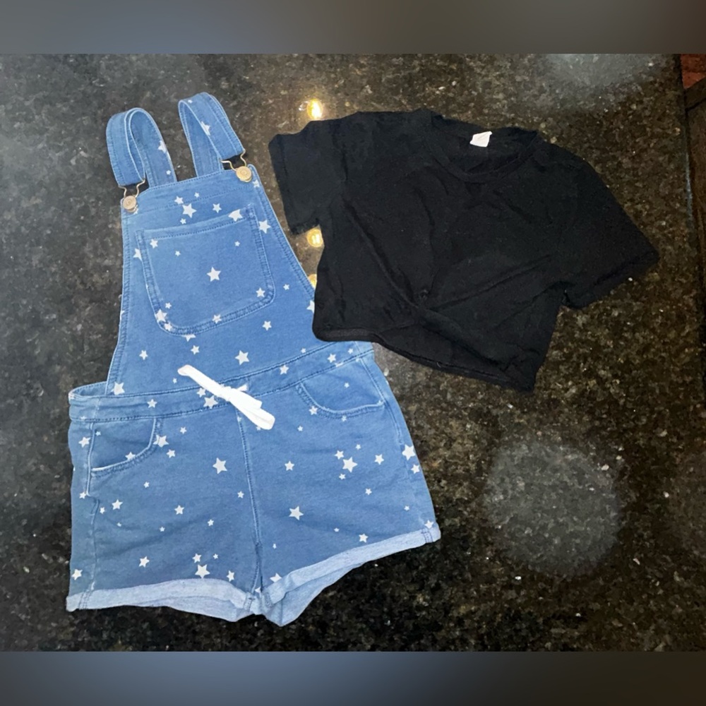 Justice Denim Overalls with SHEIN Black Undershirt, Size 10 Kids